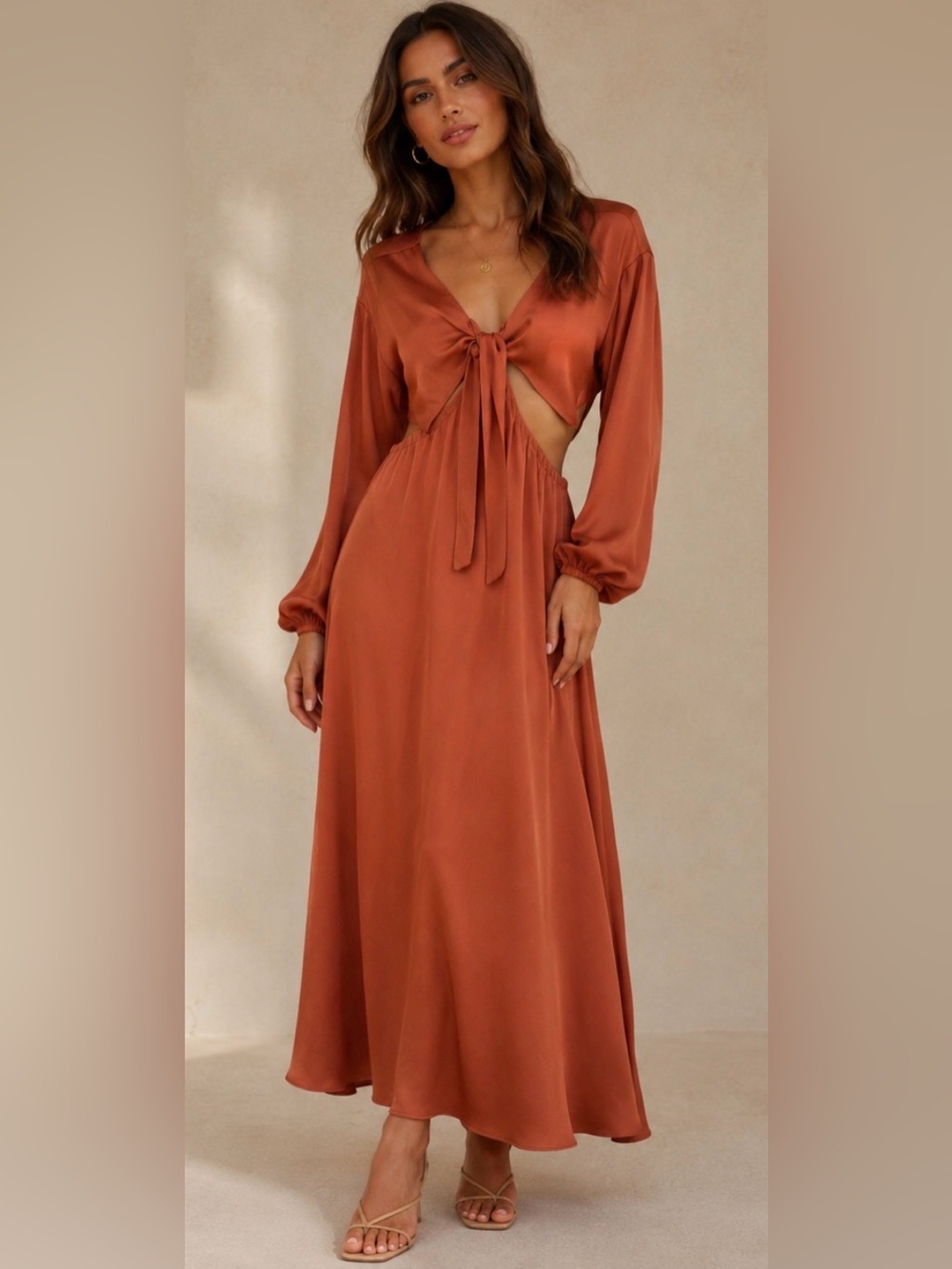 RESA Noelle Maxi Dress Cutout Burnt Orange Satin Tie Open Back Flowy Small